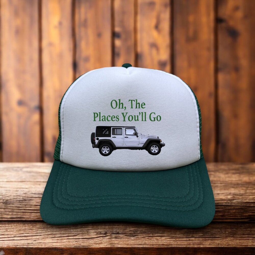 Jeep Oh The Places You'll Go Mens Trucker Hat Green Rugged Off Road Vehicle Cap